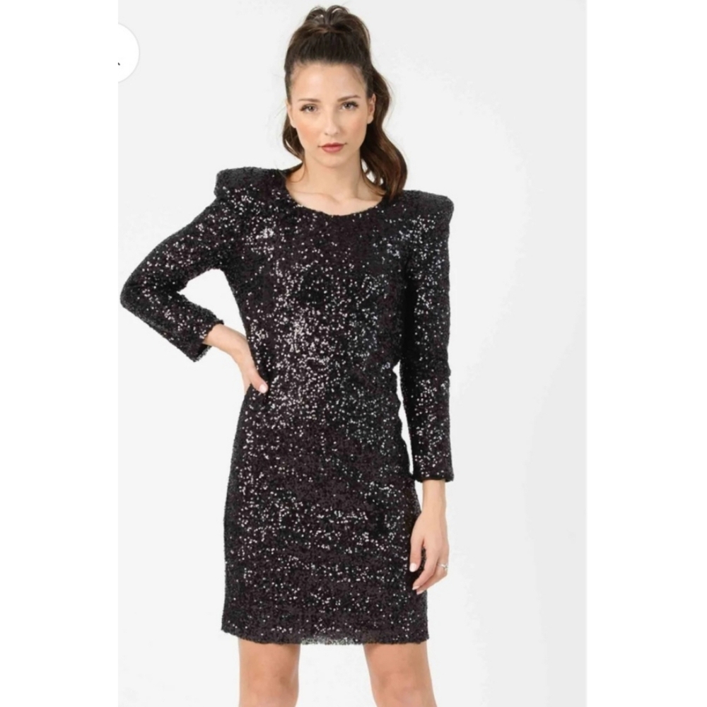 LUCCA COUTURE Black Sequin Long-Sleeve Party Dress M